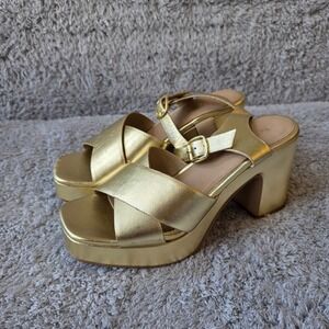 Seychelles Metallic Gold Leather Platform Block Heel Sandals Size‎ 9 Glam Party